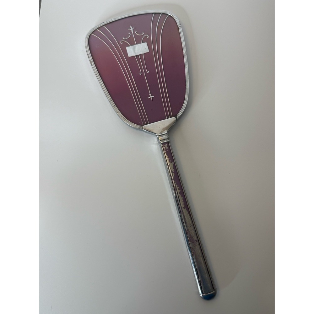 Vintage Art Deco Golden Wheel Hand Mirror 1930s Mauve Lavender Vanity Mirror 13"